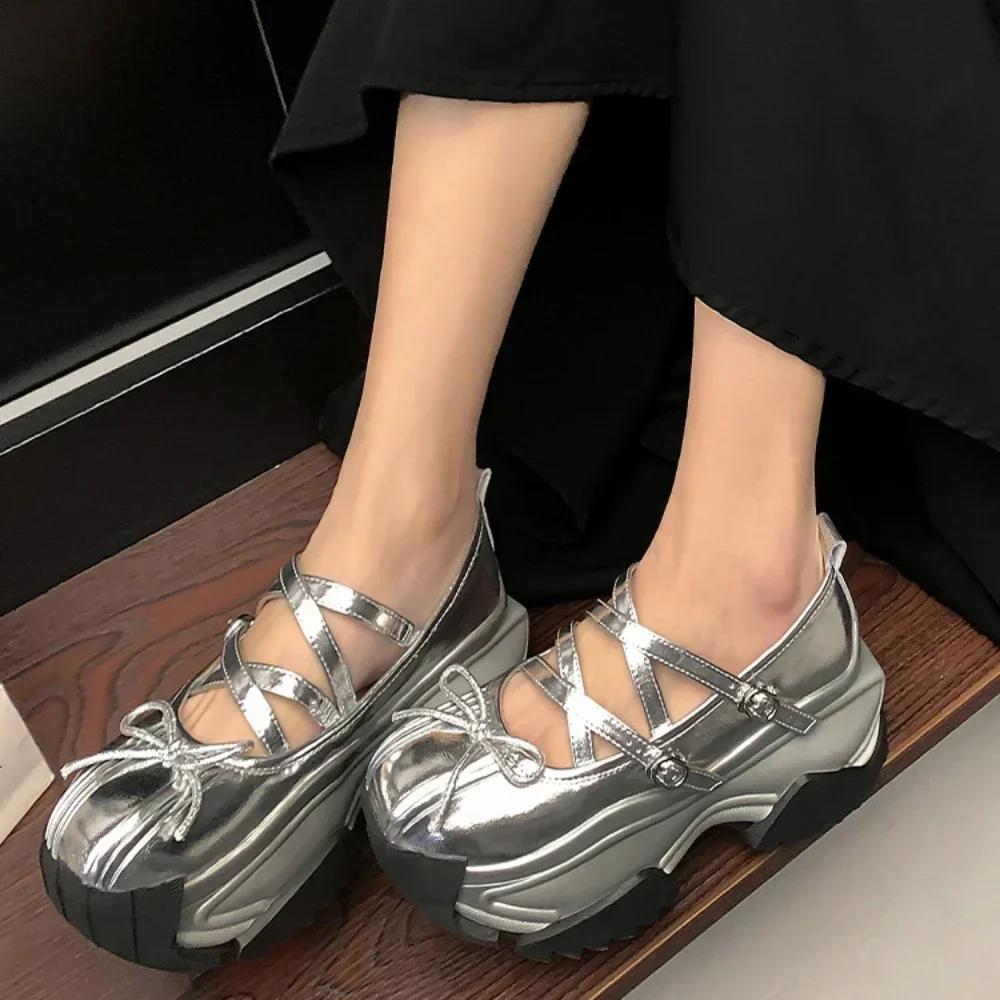 Women's Loafers Genuine Leather Sneakers Spring Platform High Heel Shoes British Style Fashion Mary Janes Sandals Silver