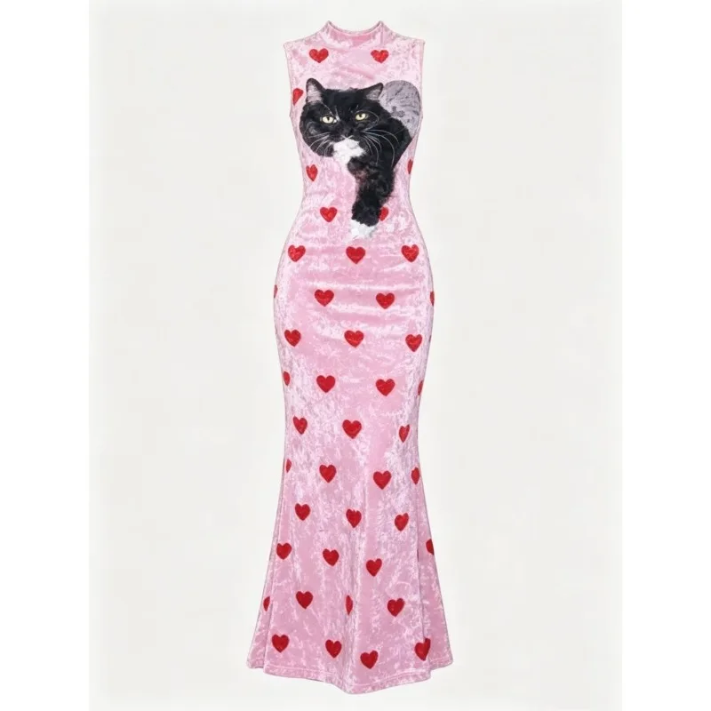 Y2K Sweet‑cool Velvet Mini Dress Women Sleeveless Mock Neck Bodycon Dress Pink Black Cat  Heart Print Street Club Party Ladies