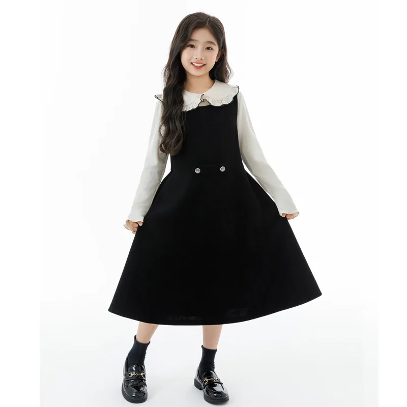 

Осенние детские комплекты платьев для девочек, майка с воротником Питера Пэна для маленьких девочек, однотонное платье принцессы для девочек-подростков, школьные костюмы для девочек