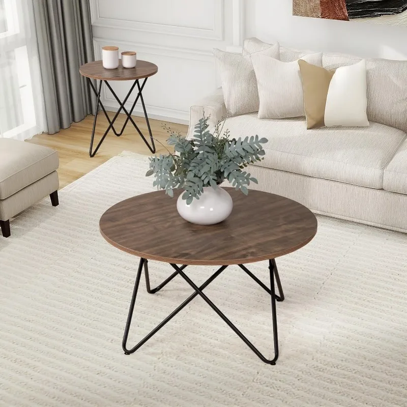 

Modern Round Coffee Table and Side End Table Set for Living Room Office,Wooden Grain Center Table with Metal Legs