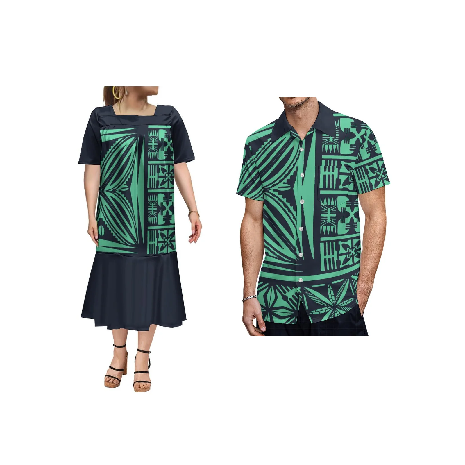 

Polynesian Style Ruffled Pleated Fashion Sexy Women Dress MUMU Customized Samoan Tribal Prints Men Shirts Hot Couple's Clothing