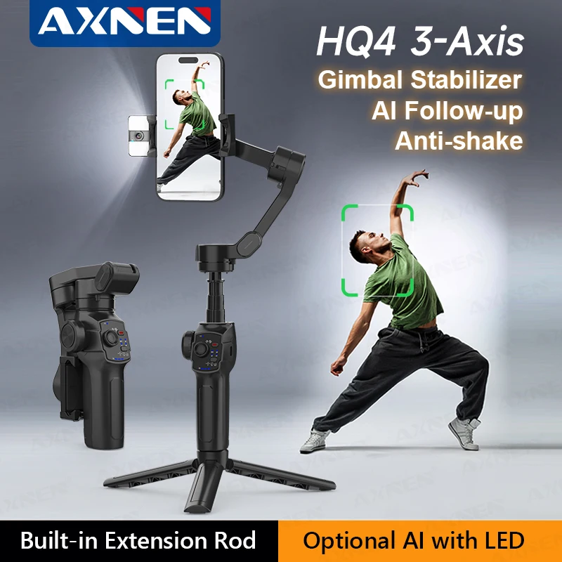 

AXNEN HQ4 AI Face Tracking Gimbal Foldable Handheld Cell Phone Stabilizer with Extension Pole Zoom Wheel Fill Light for Vlog
