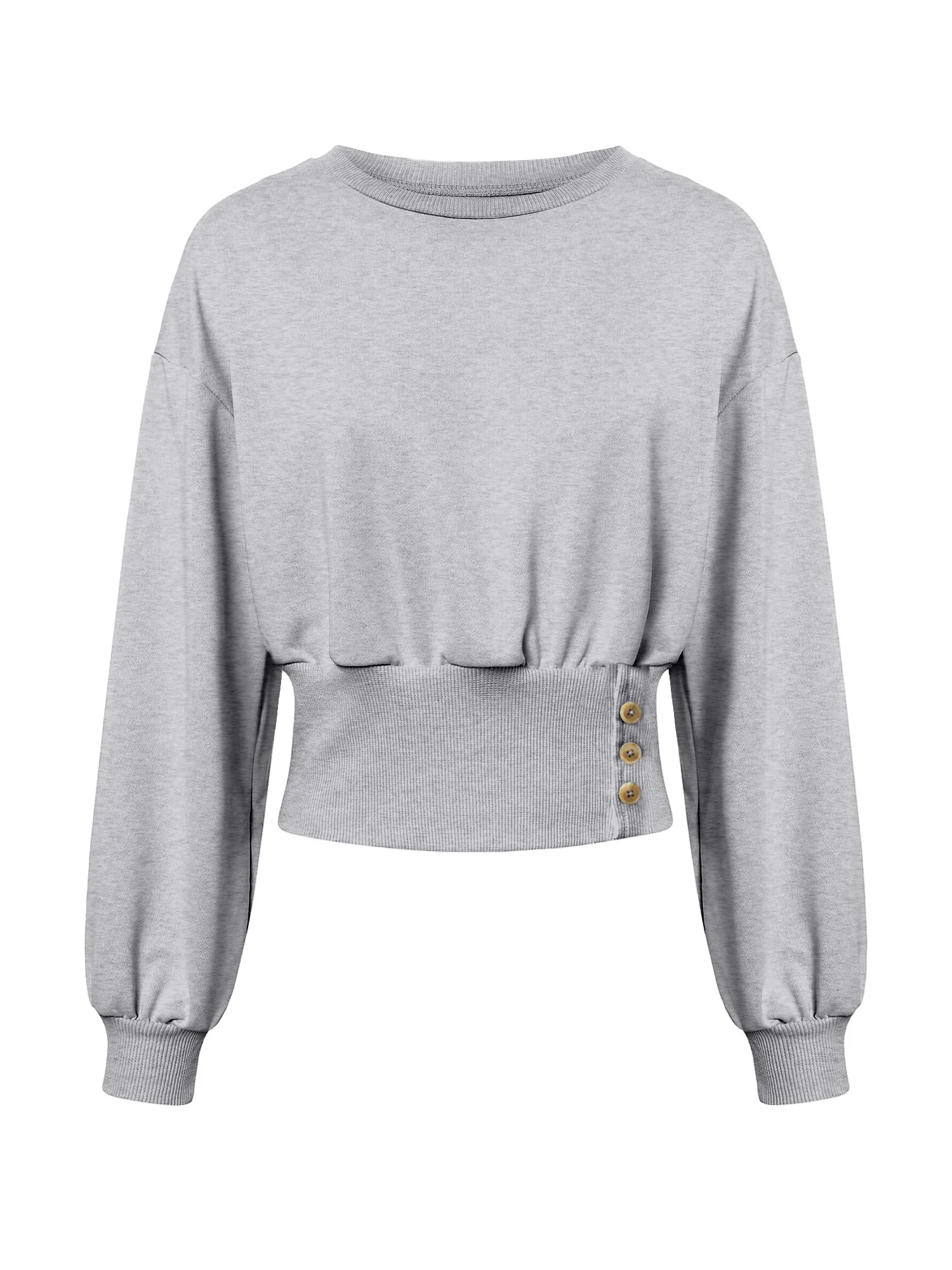 Lässiges Damen-Sweatshirt mit Rundhalsausschnitt, langärmliges Pullover-Oberteil mit geraffter Taille und seitlichen Knöpfen, einfarbig, schmale Passform, Streetwear – Detail 4