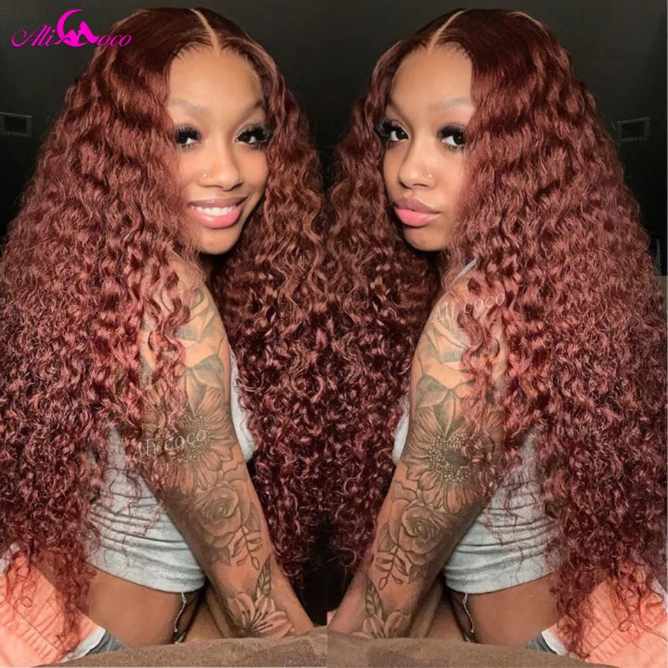 

Ali Coco Reddish Brown 13x4 Curly Lace Front Wig Human Hair Preplucked Brown Colored Lace Frontal Human Hair Wigs For Women