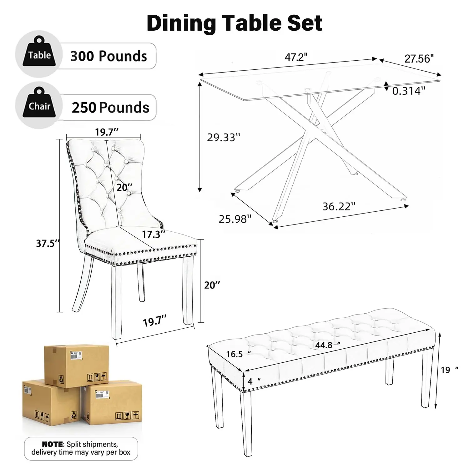 47.2 Inch Glass Rectangular Dining Table Set for 6, Modern Dinner Table with 4 Black Tufted Velvet Dining Chairs&1, Customized