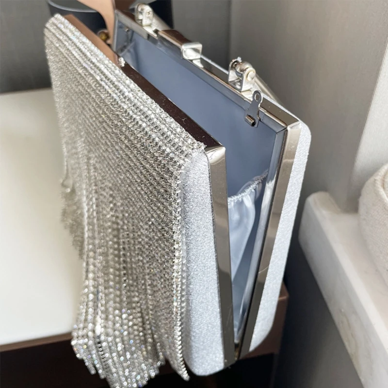 Women Rhinestone Tassel Evening Handbag Luxury Diamond Box Lady Elegant Party Prom Wedding Clutch Purse Chain Strap Shoulder Bag