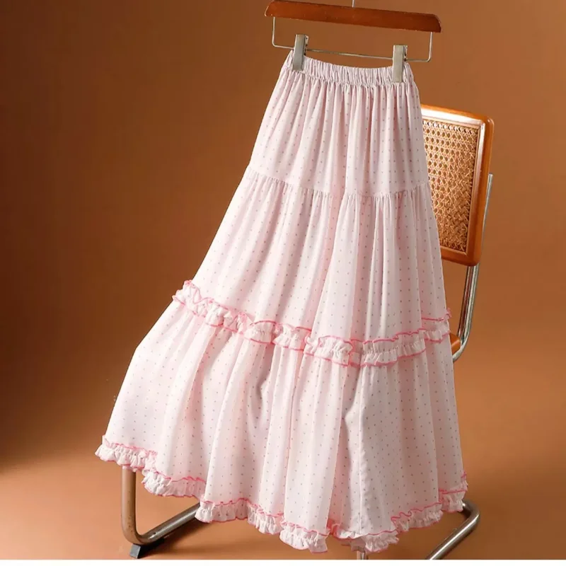 Women's Polka Dot Ruffle Hem A-line Maxi Skirt High Waist Tiered Casual Pleated Long Skirt
