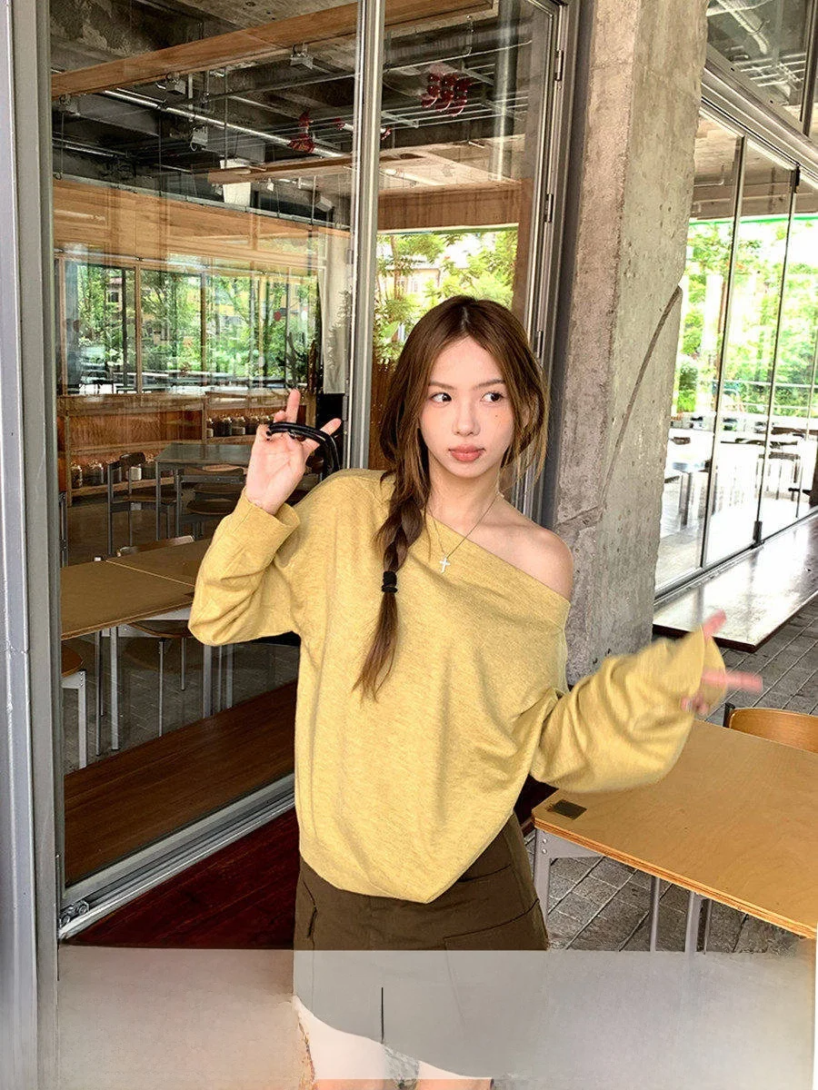 

Женский вязаный свитер Linyunyun с открытым плечом, свободного кроя, для ранней осени, повседневный, желтый, на одно плечо