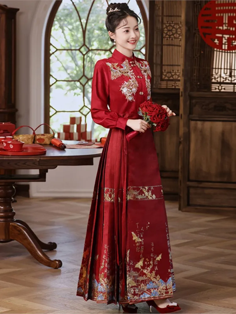 

Платье для тостов, свадебное возвращение невесты, комплект Hanfu в китайском стиле, новый красный обручальный комплект с длинными рукавами