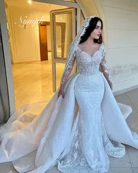 Luxury Mermaid Wedding Dress With Detachable Train Romantic Lace Long Sleeve Convertible 2 In 1 Bride Dress Bridal Customzied