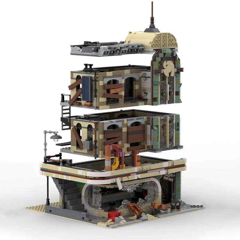 2438 Pz MOC Post-Apocalisse Downtown Diner Ruine Caffè modulare Modello fai da te Building Blocks Giocattoli di compleanno Regalo