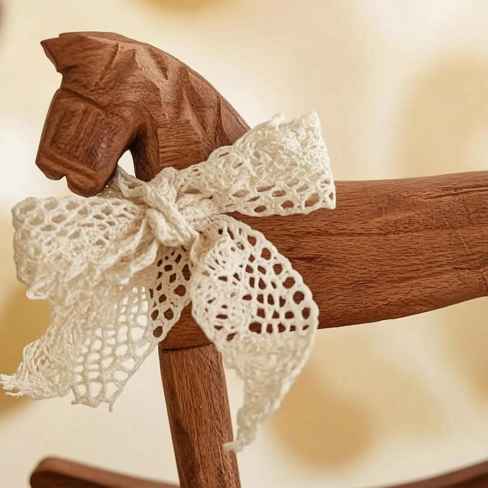 Wooden Rocking Horse Tabletop Rocking Horse with Lace Ribbon Vintage-Style for Collectors, Shelf, Entryway, Desk