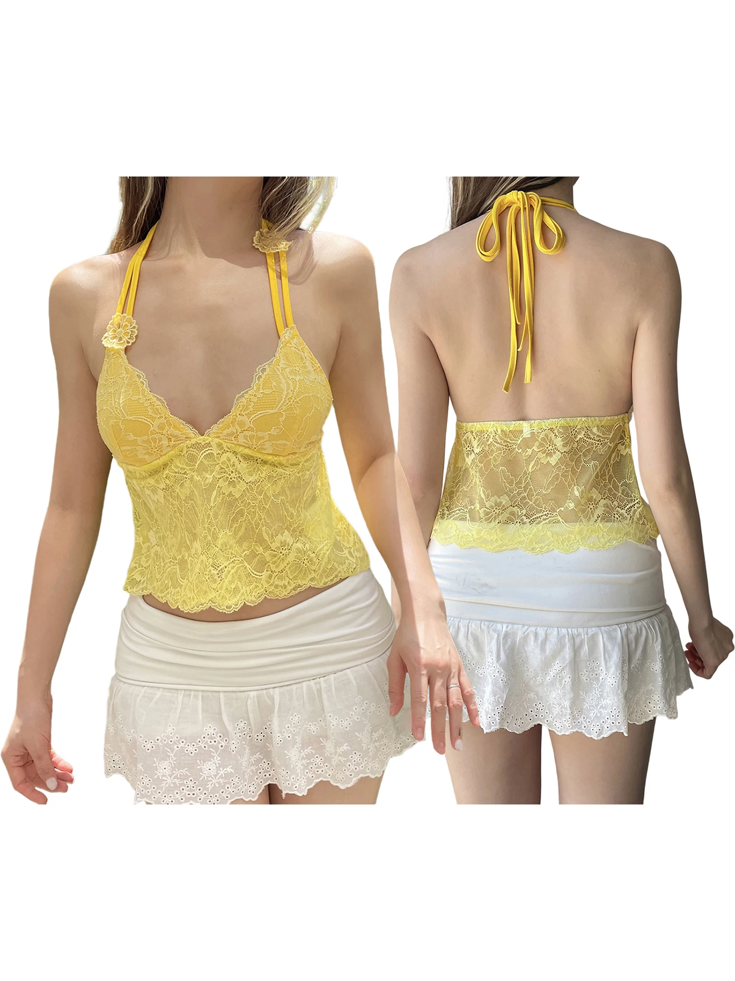 

Elegant Lace Halter Neck Sleeveless Top with Open Back and Fit Design Floral Cami Tank for Women Stylish Summer Shirt