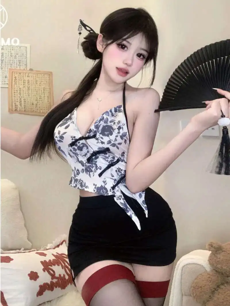 Seksowna mini sukienka z dekoltem w serek, słodka, w stylu tuszowania tuszem, mglista, seksowna, nowa, chińska, wyszczuplająca, pikantna, sznurowana sukienka, elegancka Z3YW