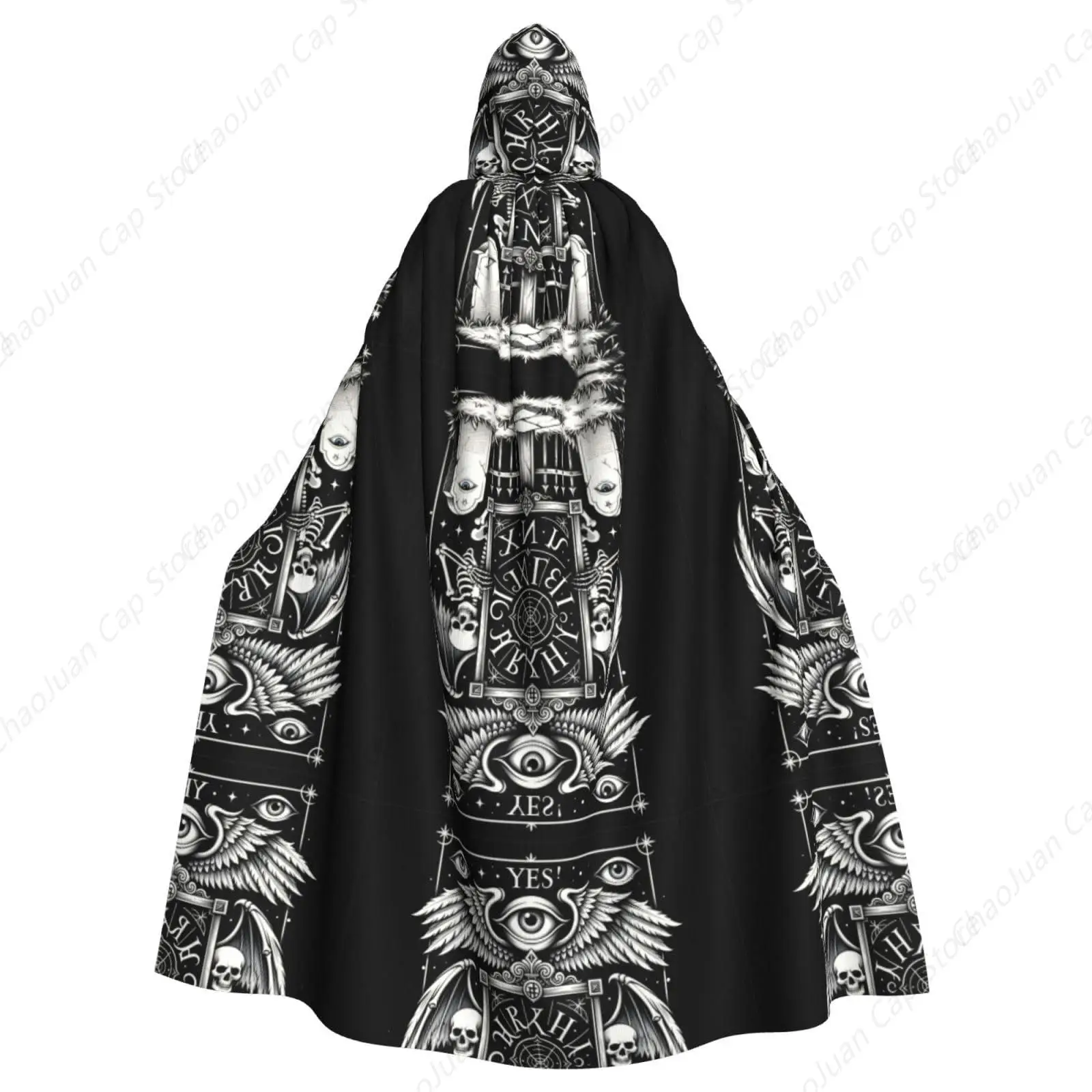 Black Gothic Goth Occult Witchcraft Skull Skeleton Full Long Hooded Cloaks for Christmas Cosplay Party Costumes, Renaissance