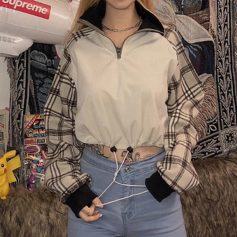 

Short Zipper Collar Plaid Women's Sweatshirt Street Style Slim Fit Trendy Belly Button Baring Top Hong Kong Style Retro