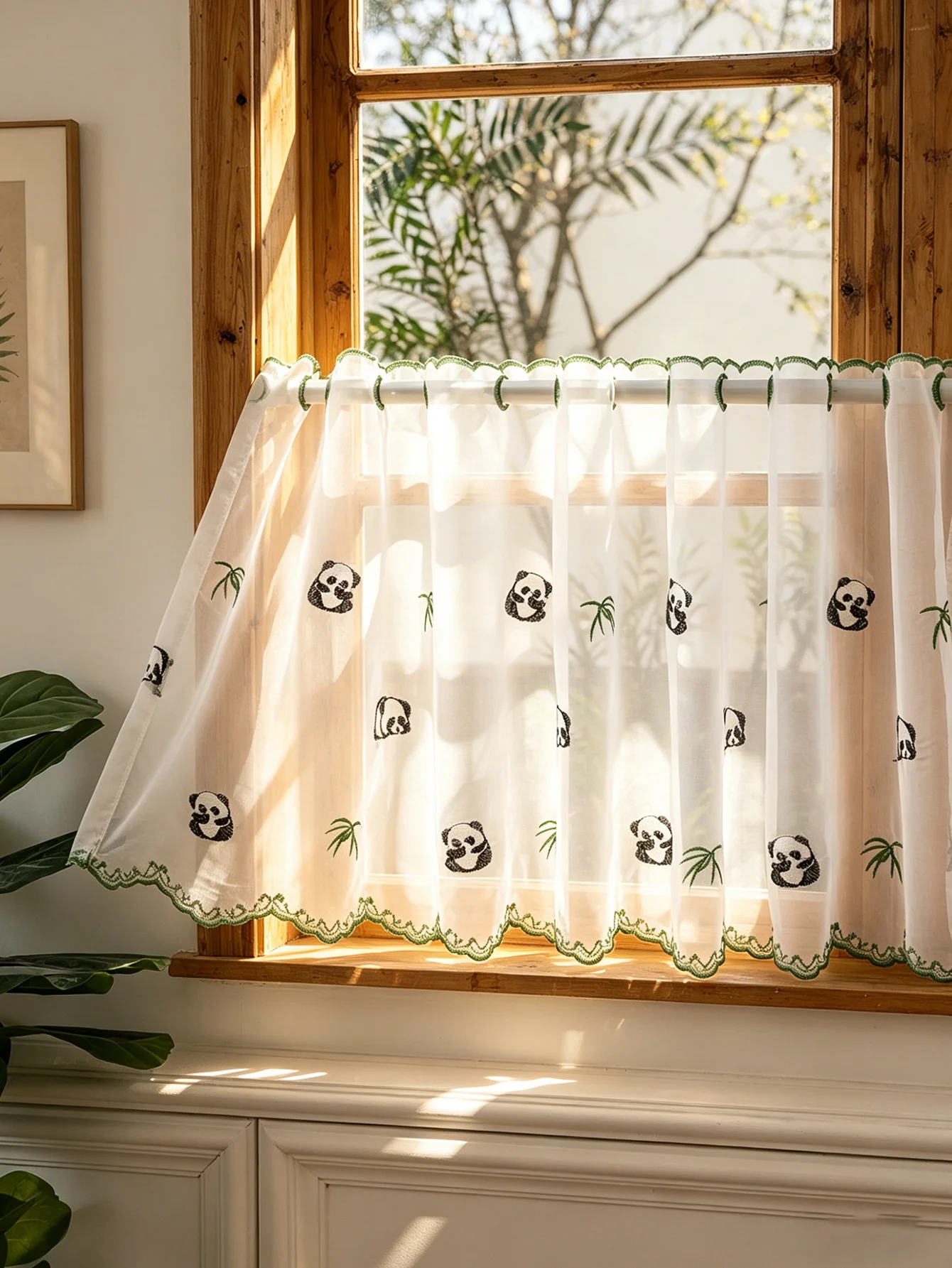 Cartoon Panda Bamboo Embroidered Sheer Curtain Valance, White Rod Pocket Semi-Sheer Cafe Curtain, Light Filtering Short Window