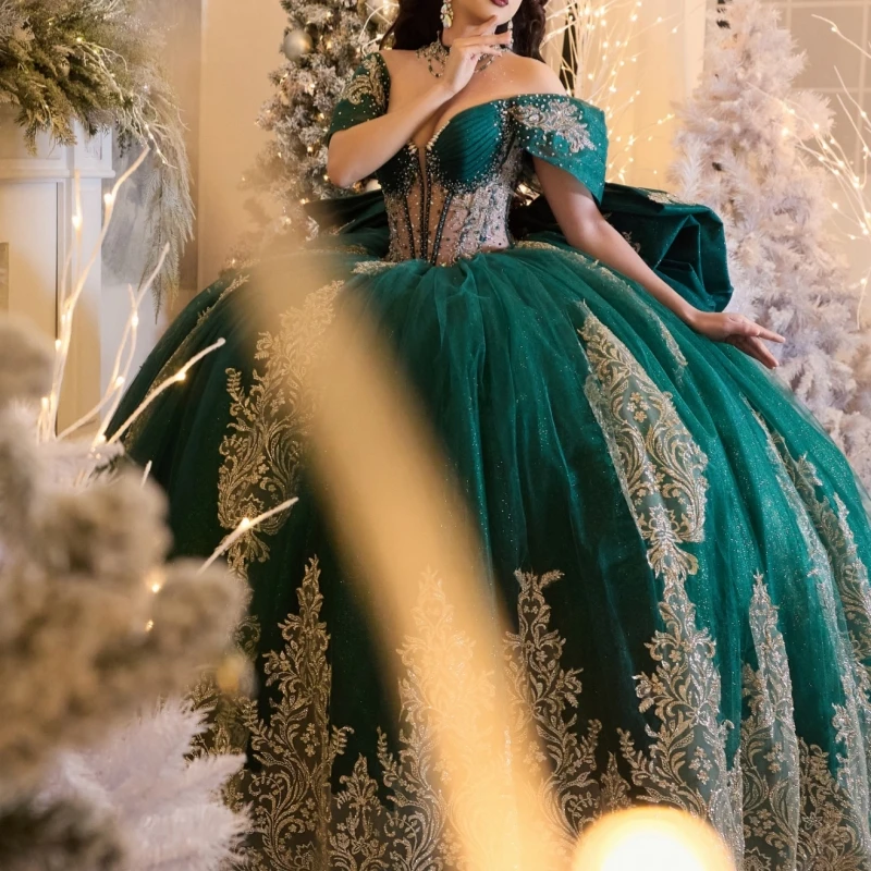 Vert foncé brillant Quinceanera robes hors de l'épaule or Applique dentelle perles arc princesse luxe doux 16 robe vestidos 15