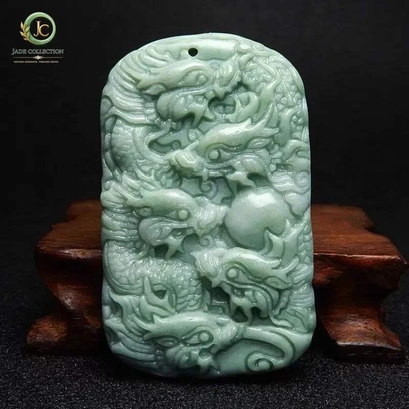Natural Bean Green Handicraft Sculpture Shuanglong Dragon Drama Bead Jade Pendant Men's and Female Zodiac Dragon Necklace Gifts