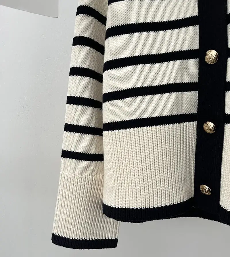 Donegirl 2023 Women Autumn New Single Row Button Loose Striped Knitted Sweater Causal Simple Cardigans Coat Female Tops Chic