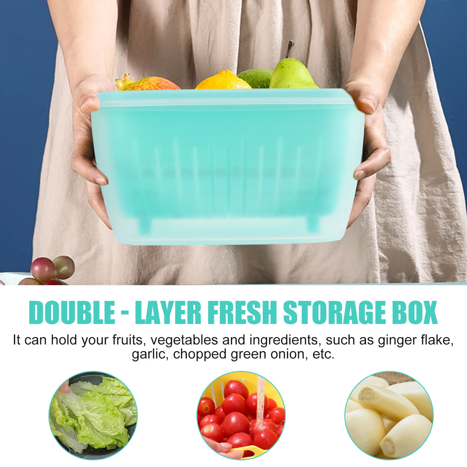 

Drain Fresh Box Double Layer Kitchen Storage Container Sealing Crisper for Fruits Vegetables Ingredients Mint Green Food Box