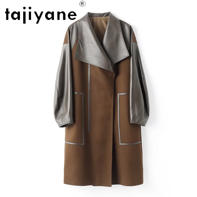 TAJIYANE Genuine sheepskin spliced tencel‑wool Leather Jacket Women Mid‑Length Trench Coat thin Jackets Oversized Outerwear 2026