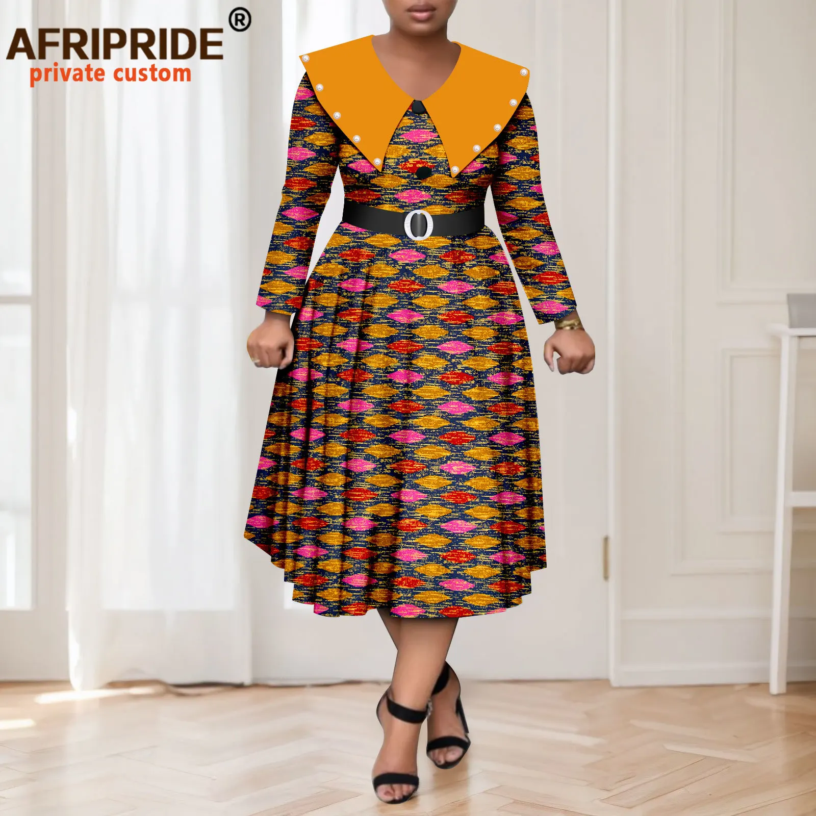 African Dresses for Women Embroidered Flares High Waist Print Dress Casual Party Outfit Dashiki Clothing with Belt 2525047