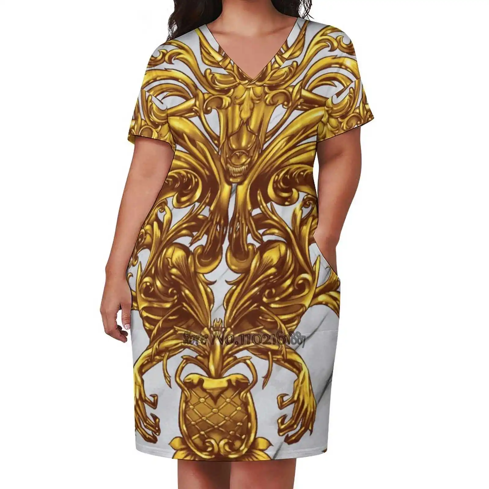 Xenofiligree V-Neck Short Sleeve Dress A-Line Skirt Women'S Clothing Office Lady Elegant Skirt Xenomorph Gold Filigree