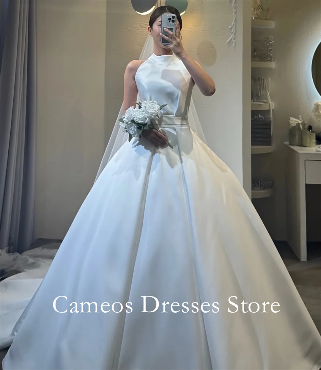 Sondr personalizado alta pescoço vestidos de baile vestidos de casamento simples a linha cetim espartilho coreia vestidos de noiva feminino