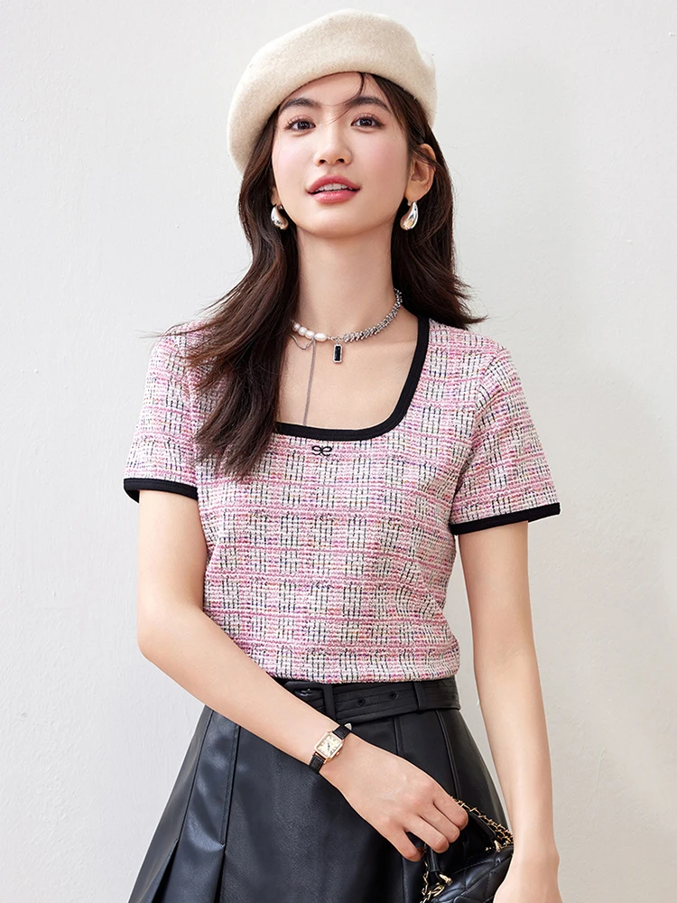 Fashion Square Collar Slim Short Sleeve T-Shirts 2024 Summer New Versatile Temperament Sweet Tops Casual Tee Shirt