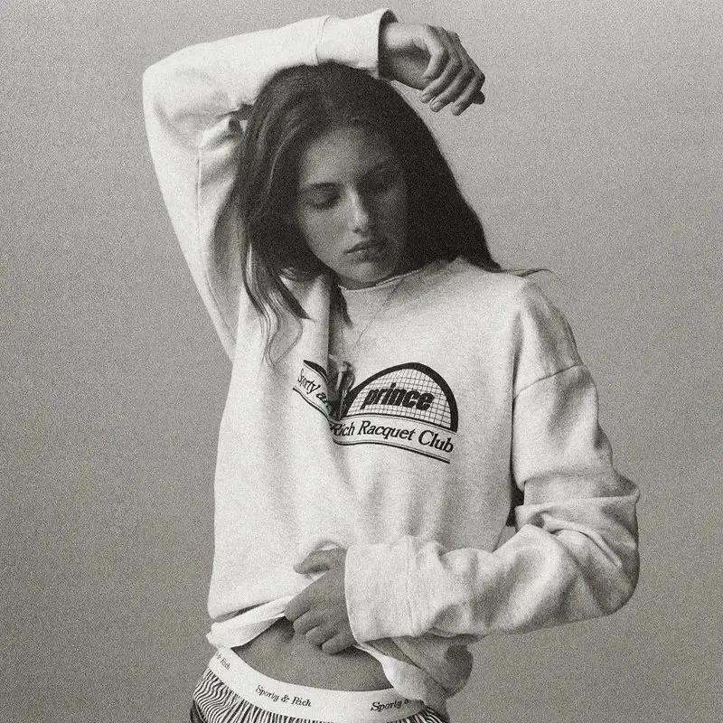 

Prince Racquet Club Vintage Style Gray Autumn Sweatshirts Loose Long Sleeve Cotton Crewneck Pullovers Thick Warm Women Sweaters