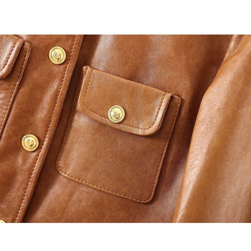 M-3XL Retro Oily Wax Yellow Women Real Leather Jacket Casual Single-breasted Pocket Female O-neck First Layer Sheep Short Jacket