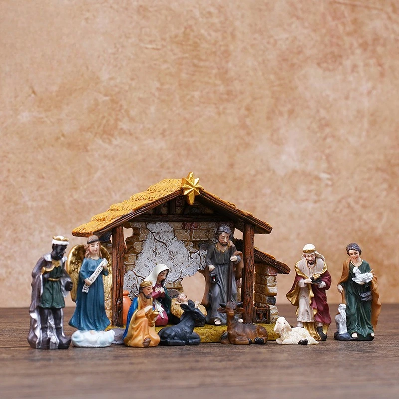 5CM Classical Christmas Nativity Scene Set with House Ornament Resin Craft Gift for Holiday Decor Display on Tabletops Mantels