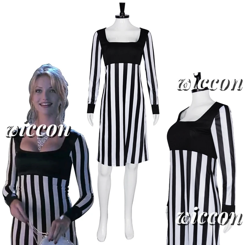

The Mask Movie Tina Carlyle Cosplay Costume Cameron Diaz Black White Striped Dress Halloween Women