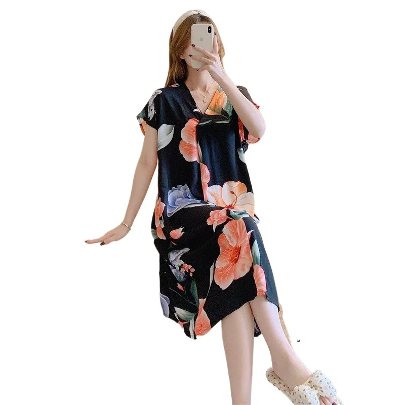2006 Women's Summer Short-sleeved Cartoon Printed Pajamas Korean Version Large Size Loose Loungewear Cotton and Silk Nightgown