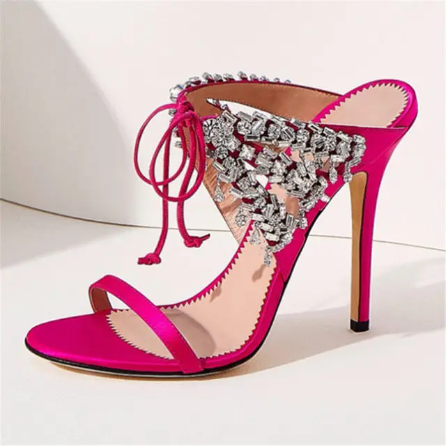 Crystal Tassel Sandals Strap Silk Slipper Women Summer Shoes Cross Diamond Stiletto Mujer Party 8cm and 10cm Slingbacks Sandals