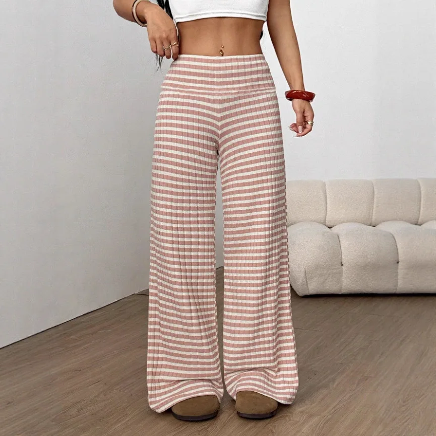 2025 automne Ele ample décontracté banlieue rayé cloche Bot femmes Faion minceur confortable taille élastique pantalon