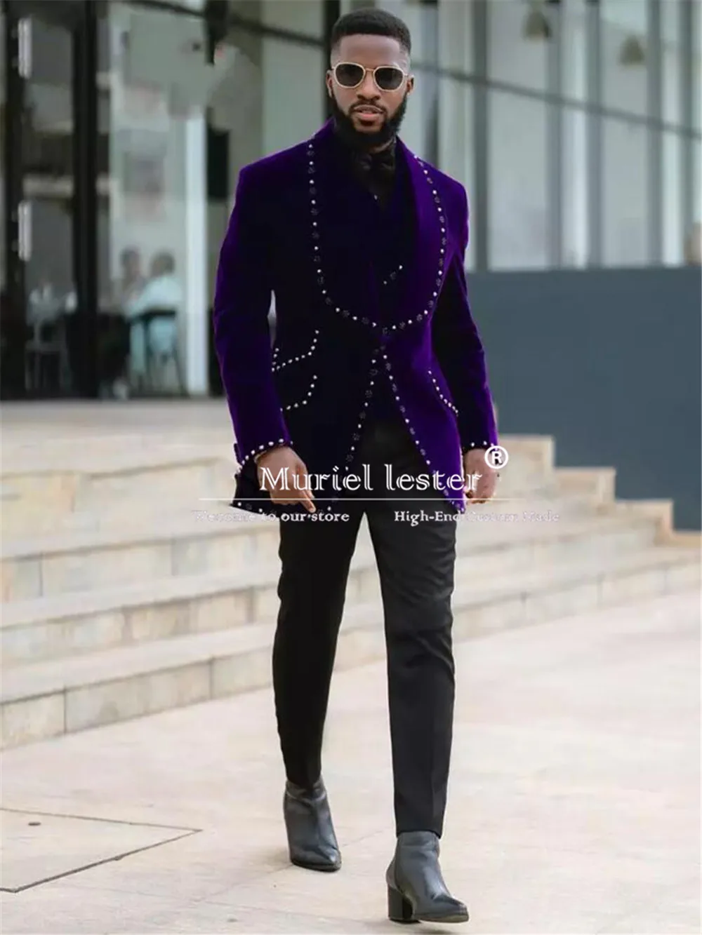 Elegance Velvet Suit Men Crystals Beaded Prom Blazers Customized Shawl Lapel Jacket Pants 2 Pieces Groom Formal Party Tuxedos