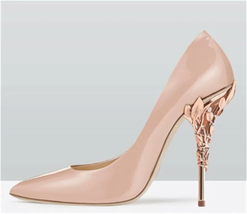 Gold Metal Flower Spray Branch High Heel Silk Pumps Wedding Shoes Pointed Toe Floral Heels Woman Patent Leather Banquet Shoes