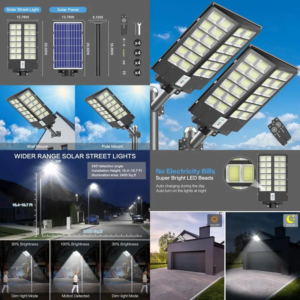 أضواء الشوارع الشمسية عالية التجويف مع مستشعر حركة، مصابيح كاشفة LED خارجية مقاومة للماء لمواقف السيارات - عبوتان #1