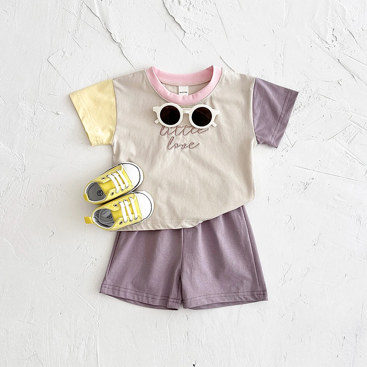 2024 New Baby Girls Clothes Set Casual Embroidered Letters Color Patchwork Short Sleeved T-shirt+loose Shorts Summer Boys Suit