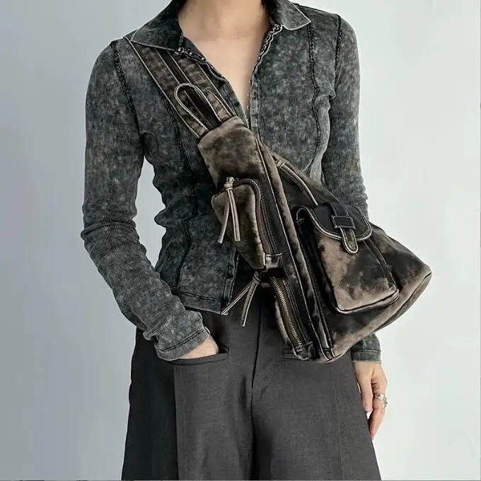 حقيبة ظهر نسائية عالية الجودة حقيبة صدر كلاسيكية مغسولة بجيوب متعددة حقيبة كتف ناعمة من البولي يوريثان