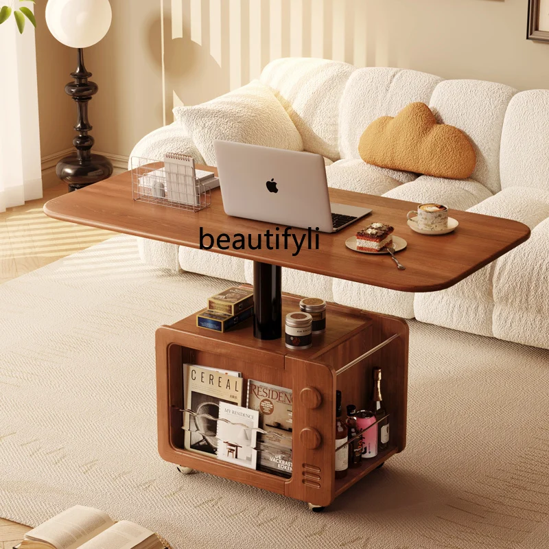 

Retro Solid Wood Lifting Coffee Table Small Tea Table Living Room Mobile Boxwood Dining Table Dual-Use Tea Table