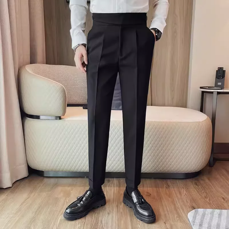 

British Style Neapolitan High Waist Casual Dress Pant High Quality Fashion Man Slim Fit Simple Social Party All-match Suit Pants