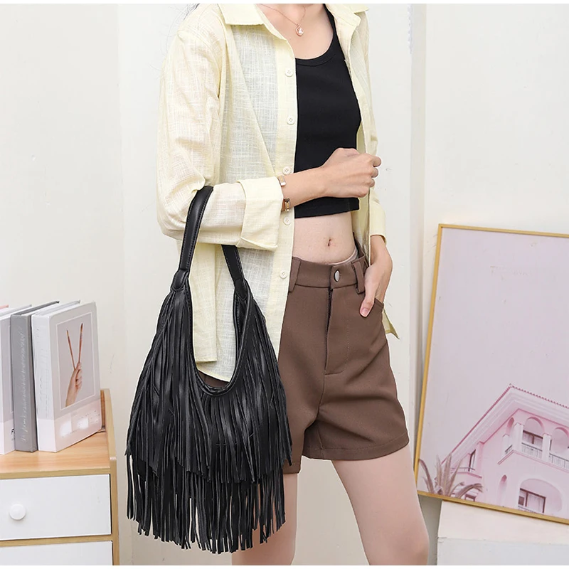 Quaste Große Kapazität Marke Tote Tasche Schwarz Leder Hohe Qualität Luxus Mode Frauen Schulter Tasche Weiche Casual Hobos Achselhöhle Tasche – Detail 13