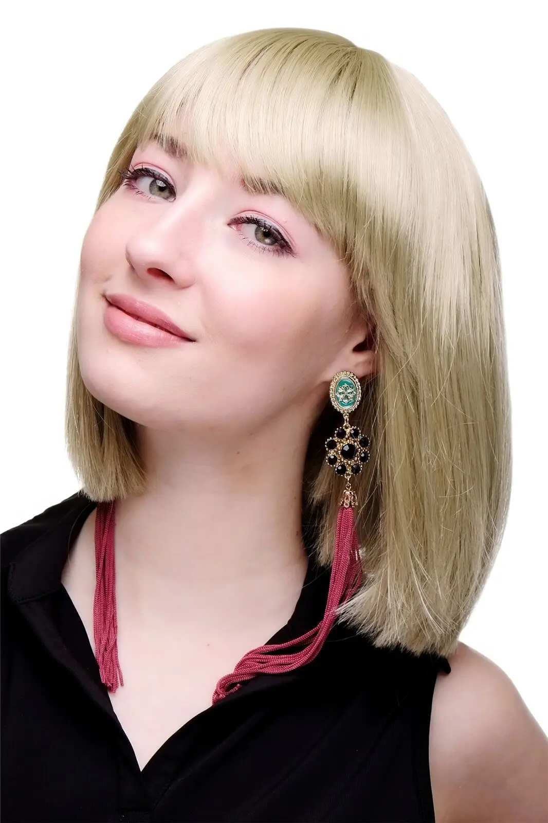 

Парик женский короткий боб с длинной бахромой гладкий блондин золотисто-блонд 7803-22 женский