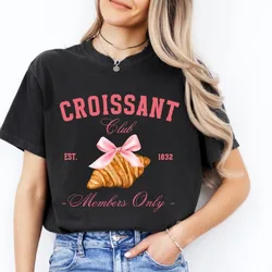 Croissant Club Cotton T-Shirt Aesthetic Croissant Tee Baker Gift Foodie TShirt Pastry Lover Croissant Lover Gift Pink Bow Tops