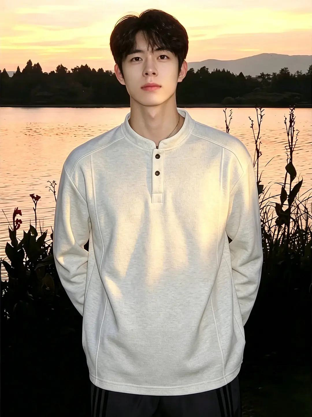 White American Style Henry Collar Long Sleeve T-Shirt Hoodie Men's Autumn Deconstructed Patchwork  Shirt Standard Fit Cas...