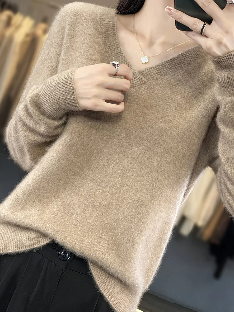 

Women Basic Wool Sweater V-Neck Long Sleeve Pullover 100% Merino Wool Knitwear Autumn Winter Thick Comfy Female Clothing Tops