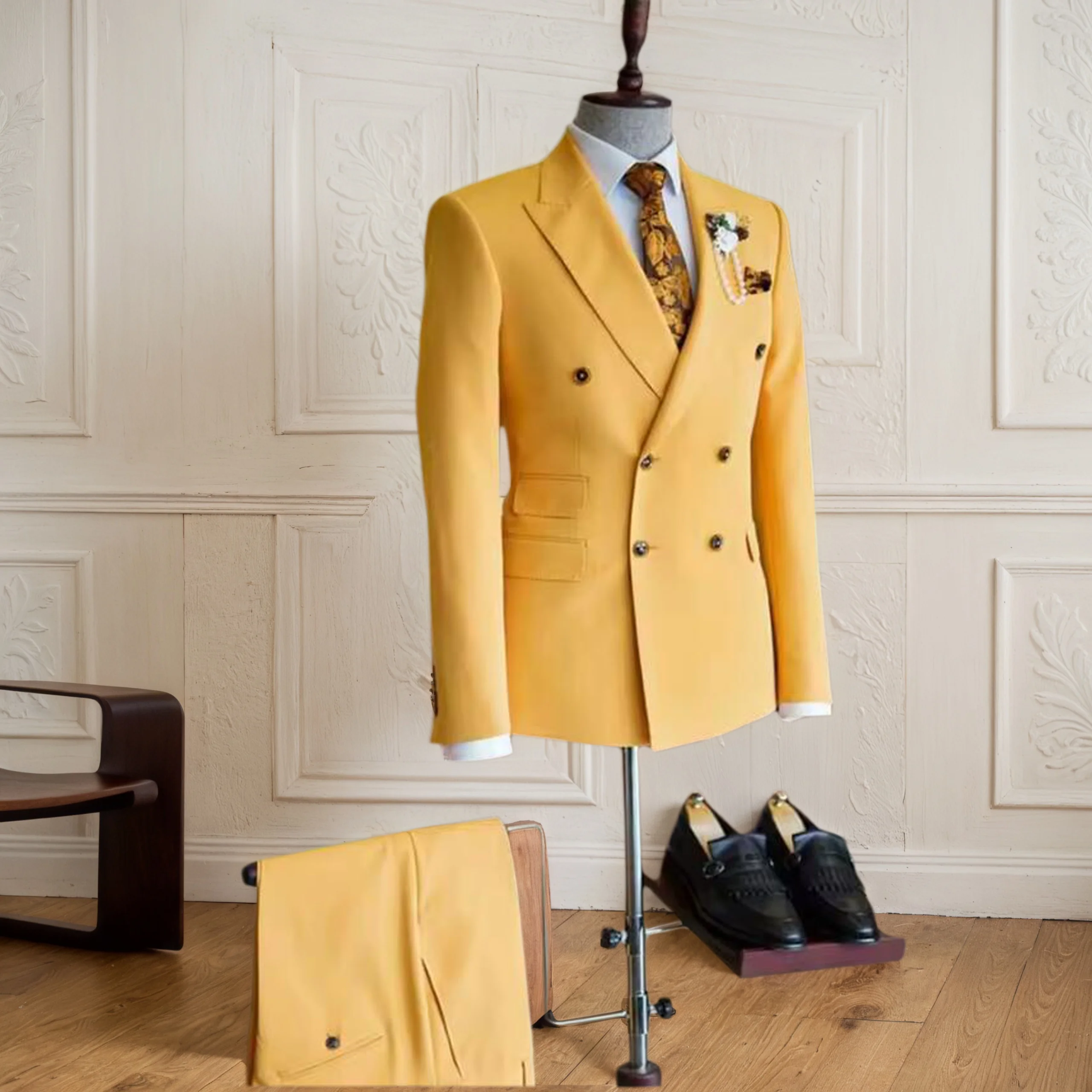 

New Fashion Chic Yellow Suits for Men Double Breasted 2 Piece Jacket Pants Male Clothing Formal Business Gentleman Blazers Sets